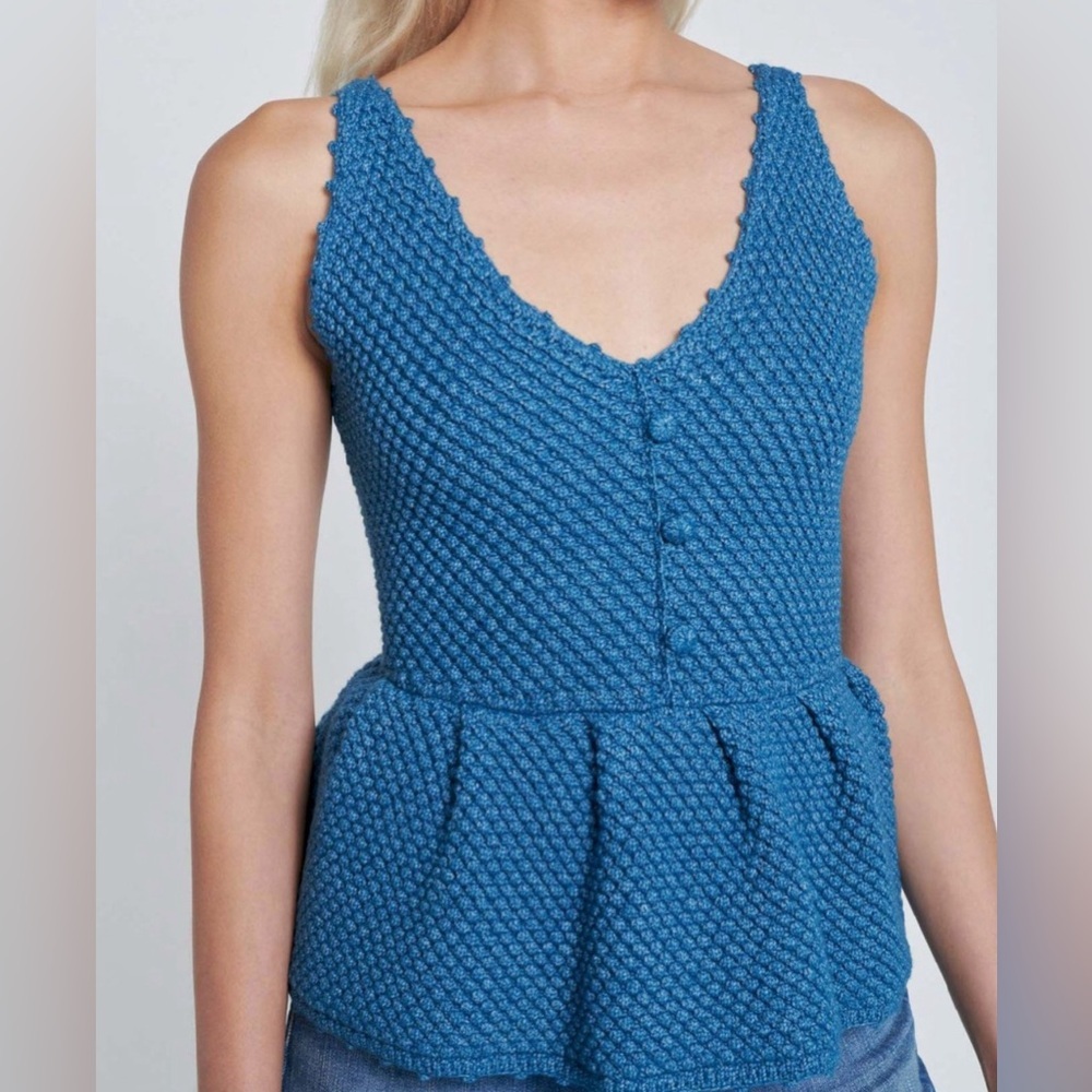 7 For All Mankind Blue Crochet Knit Tank Top Sleeveless Peplum